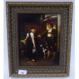 K Fiake - a Bavarian interior scene with two figures and a dog  oil on board  bears a signature