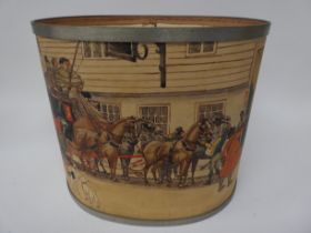 An oval lampshade, decorated in the manner of Cecil Aldin, a coach and four with passengers, outside