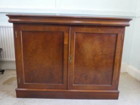 A crossbanded mahogany and burr walnut effect, two door side cabinet, on a plinth  30"h  41"w