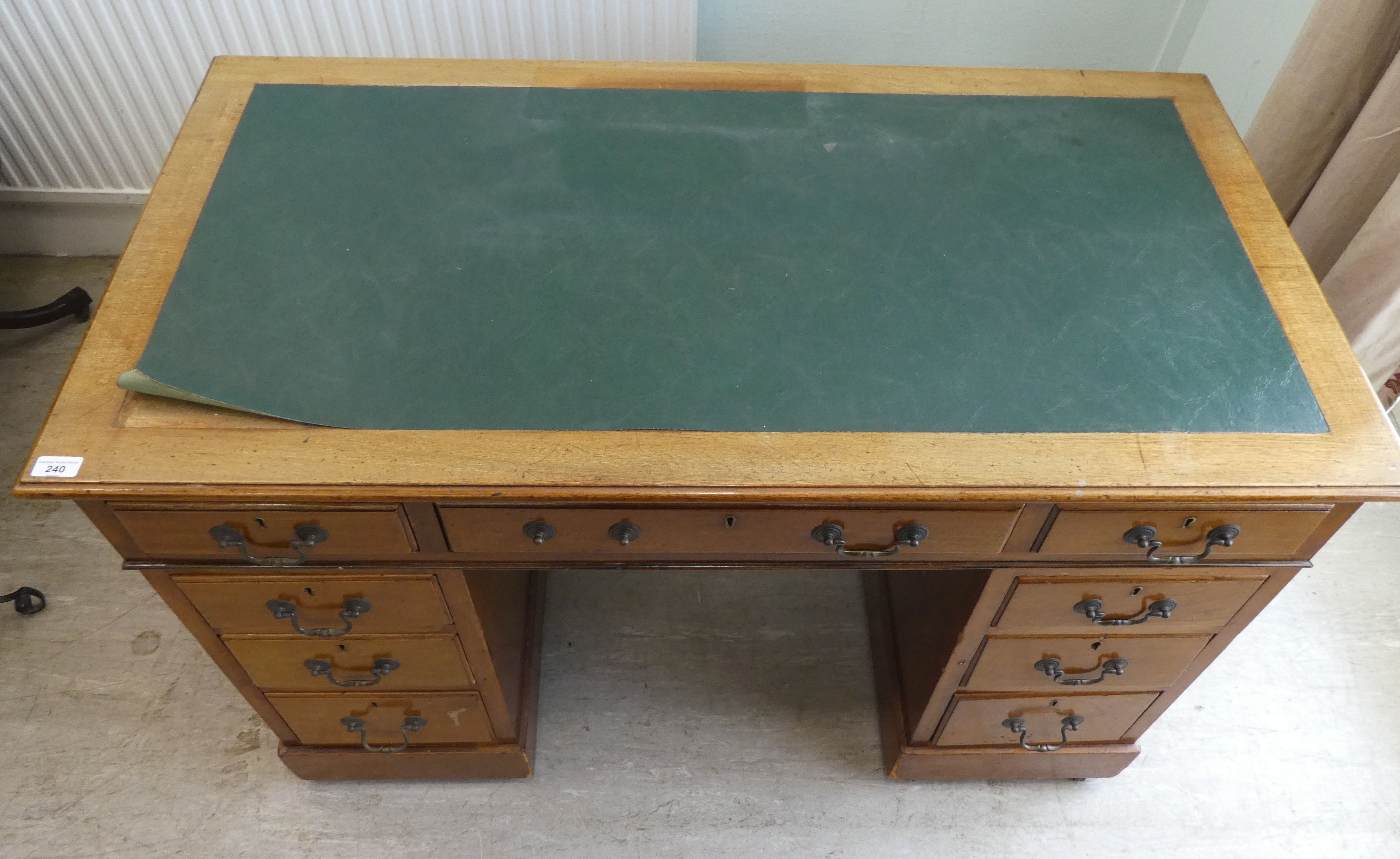 A late 19thC mahogany nine drawer, twin pedestal desk  29"h  48"w - Image 2 of 4