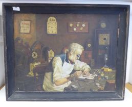 Early 20thC British School - 'A Clock and Watchmaker in His Workroom'  oil on canvas  18" x 24"