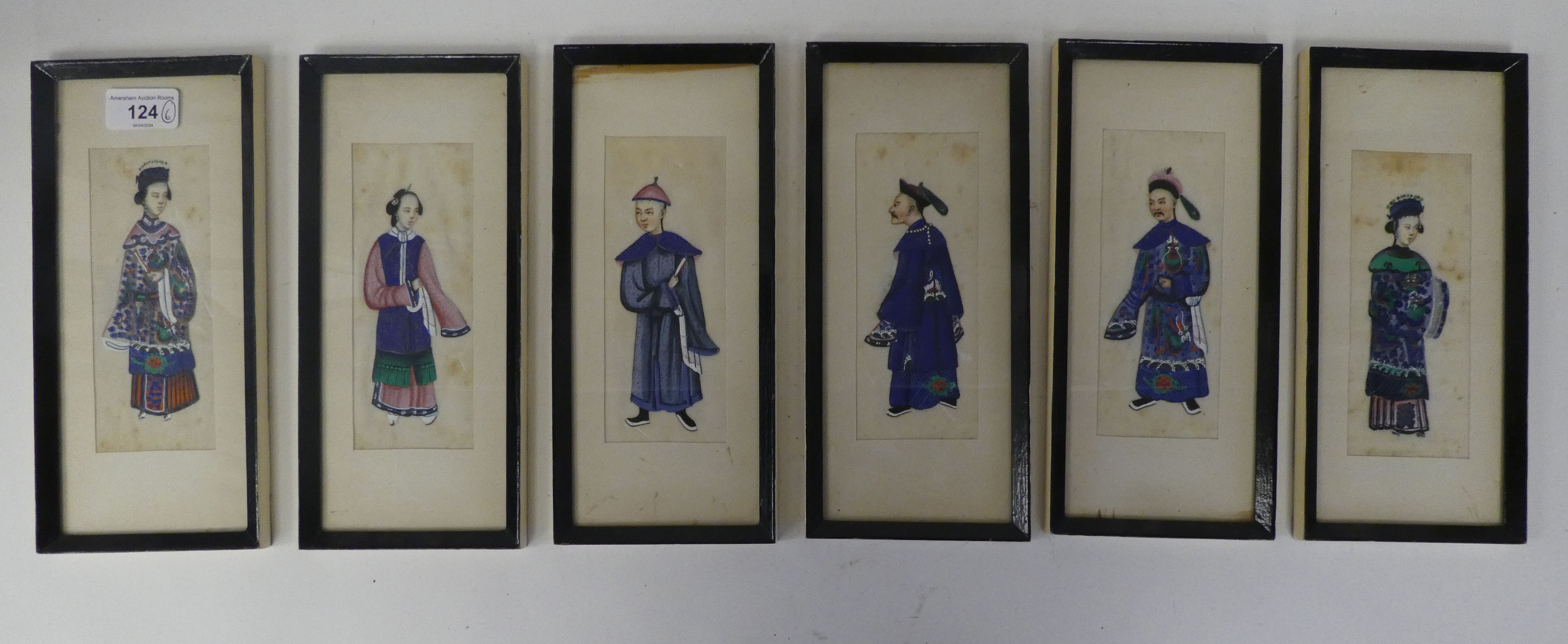 A set of six early 20thC Chinese figure studies  mixed media on ricepaper  2.5" x 6"  framed