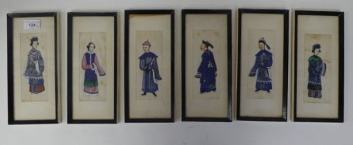 A set of six early 20thC Chinese figure studies  mixed media on ricepaper  2.5" x 6"  framed