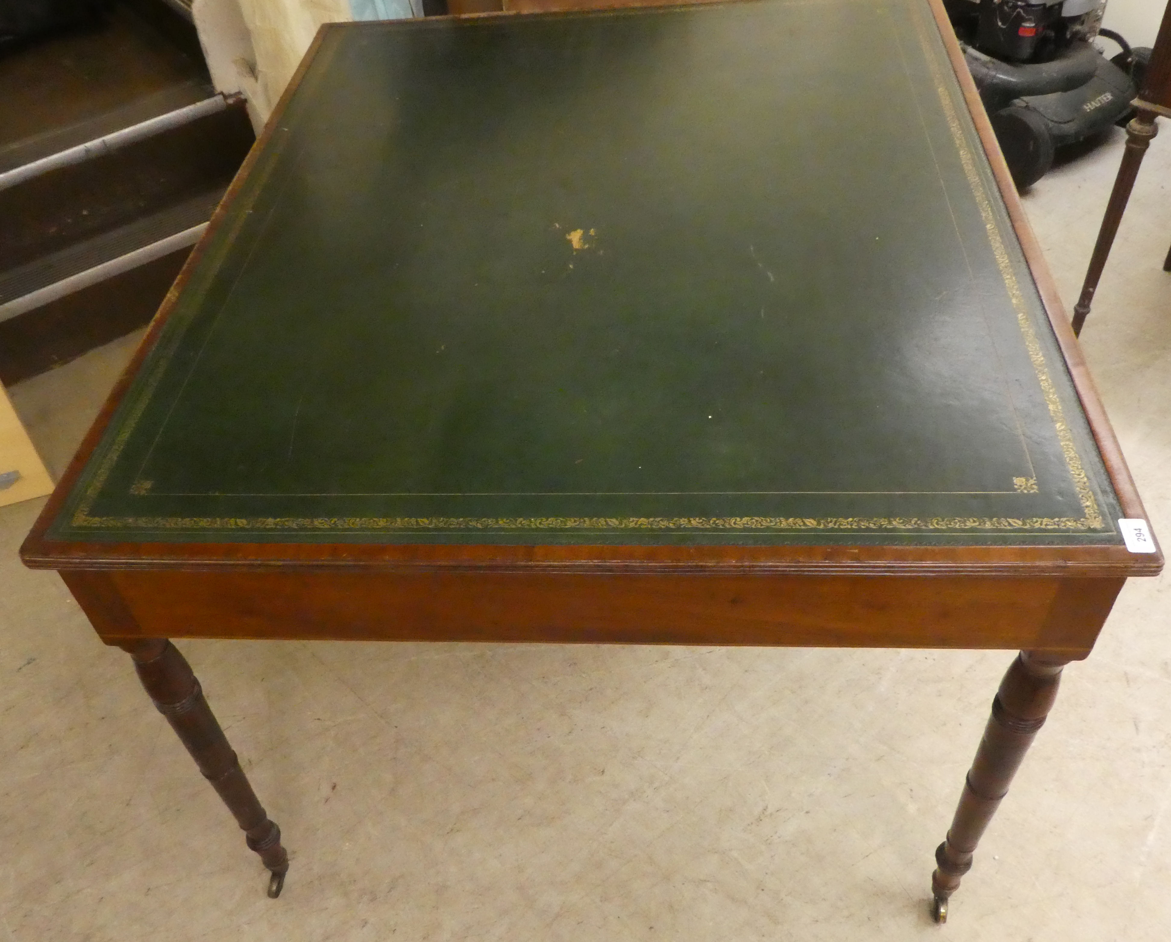 A late Victorian mahogany library table with a tooled and gilded hide scriber, over an arrangement - Image 9 of 9