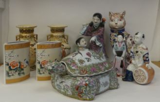 Modern Oriental ceramics: to include a Chinese porcelain cat  16"h