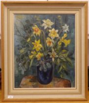 E Eardley - a still life study, flowers in a blue vase  oil on board  bears a signature  23" x