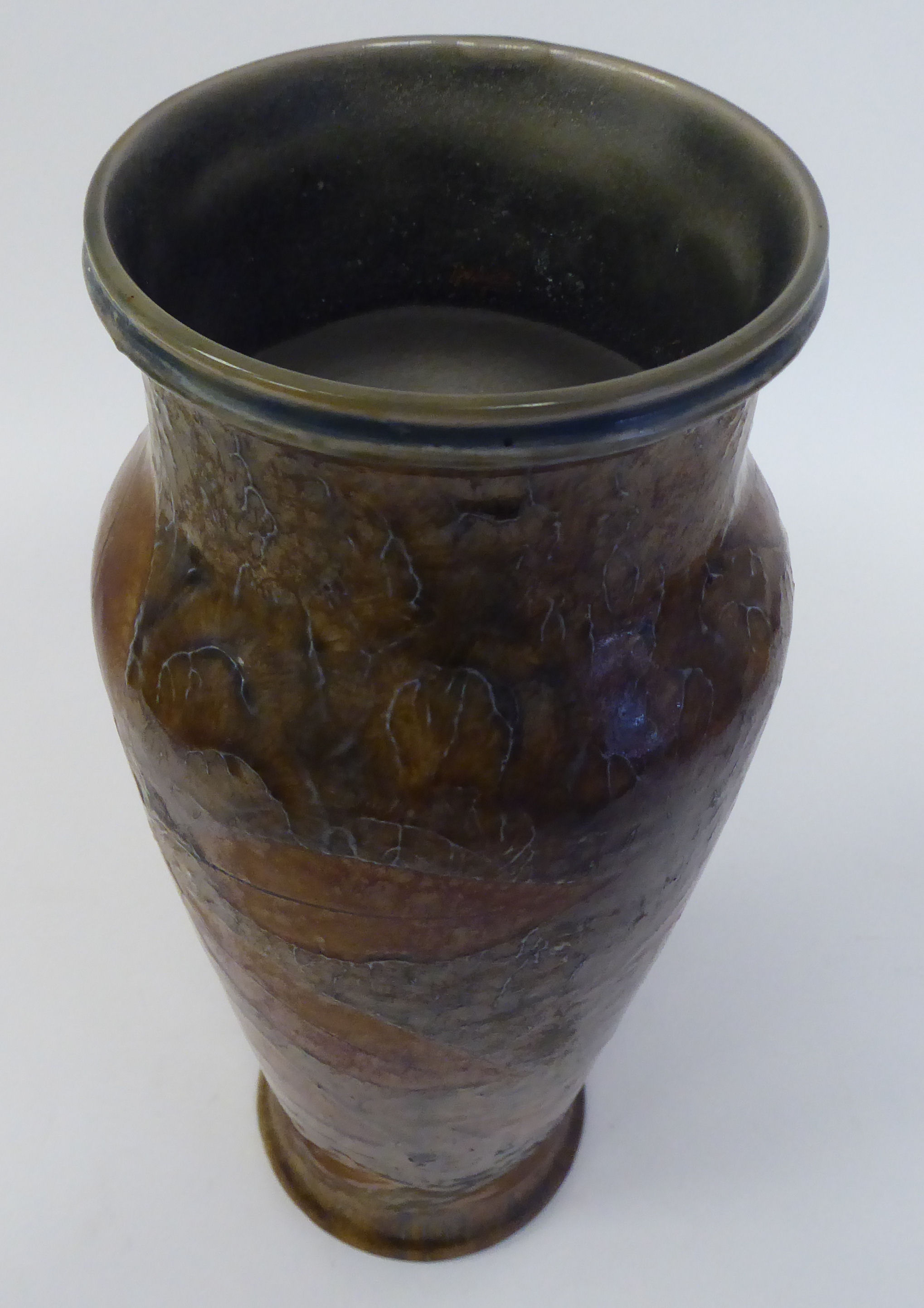 An early 20thC Royal Doulton stoneware vase of slender, waisted baluster form with an upstand rim, - Image 3 of 4