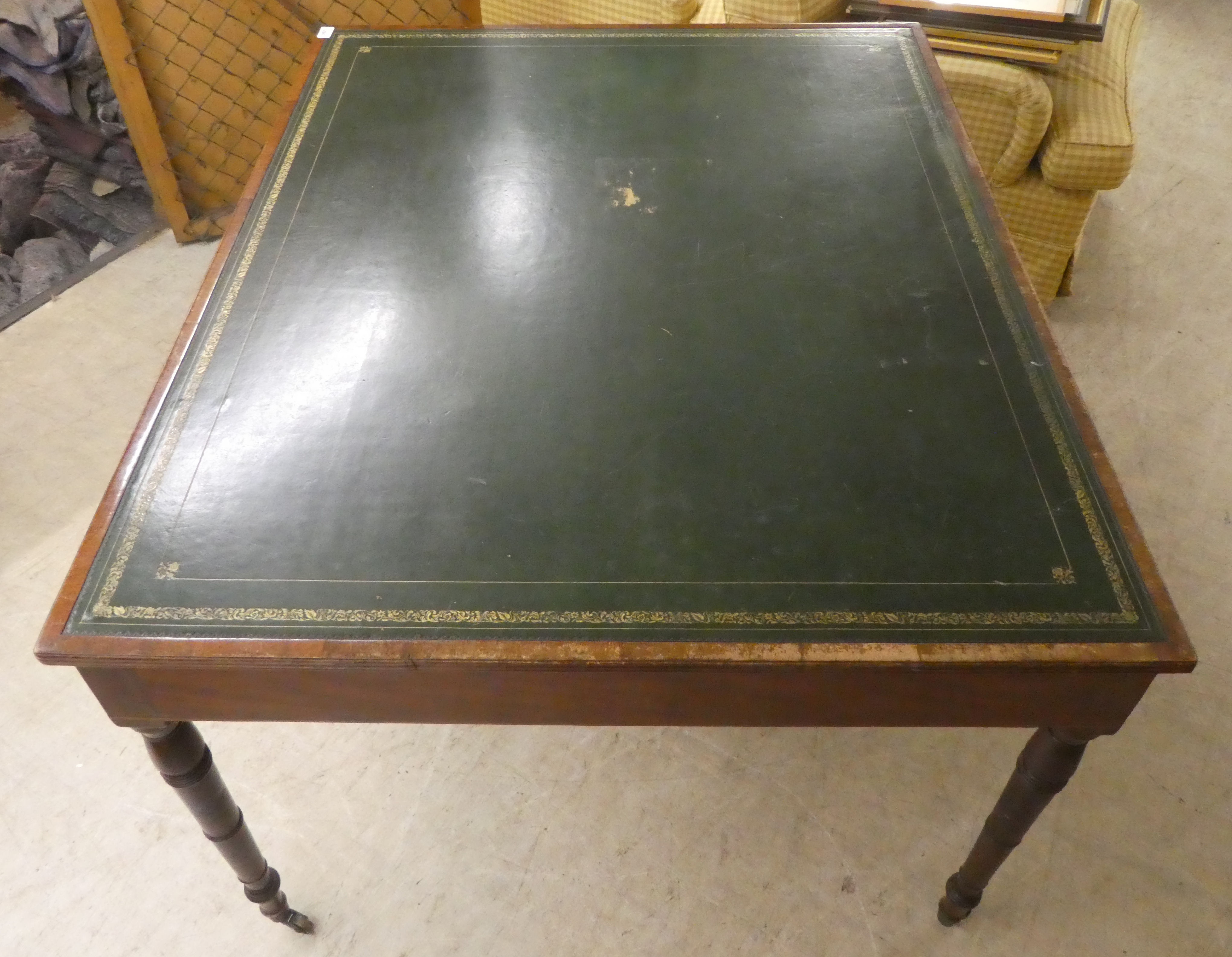 A late Victorian mahogany library table with a tooled and gilded hide scriber, over an arrangement - Image 8 of 9