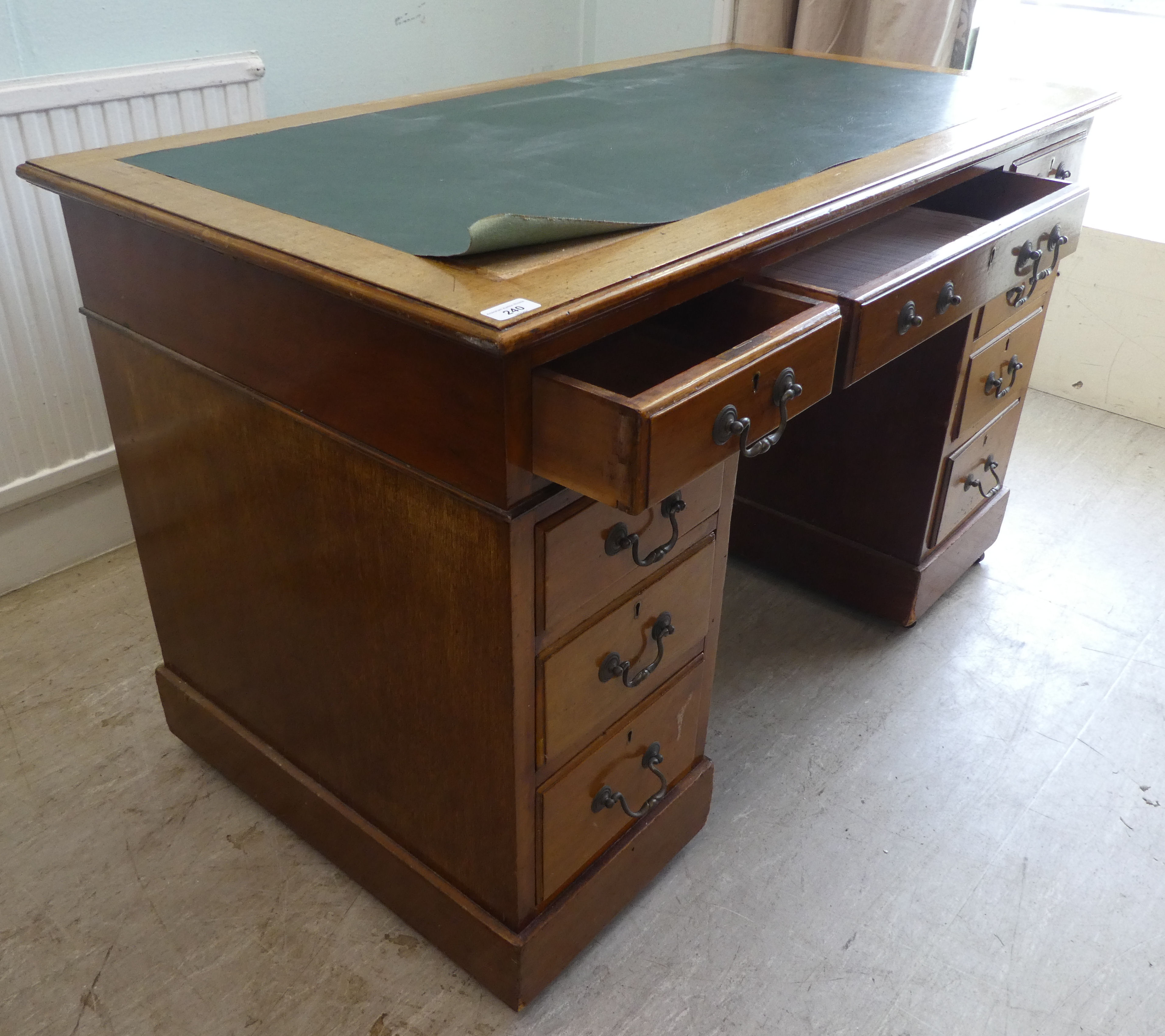 A late 19thC mahogany nine drawer, twin pedestal desk  29"h  48"w - Image 4 of 4