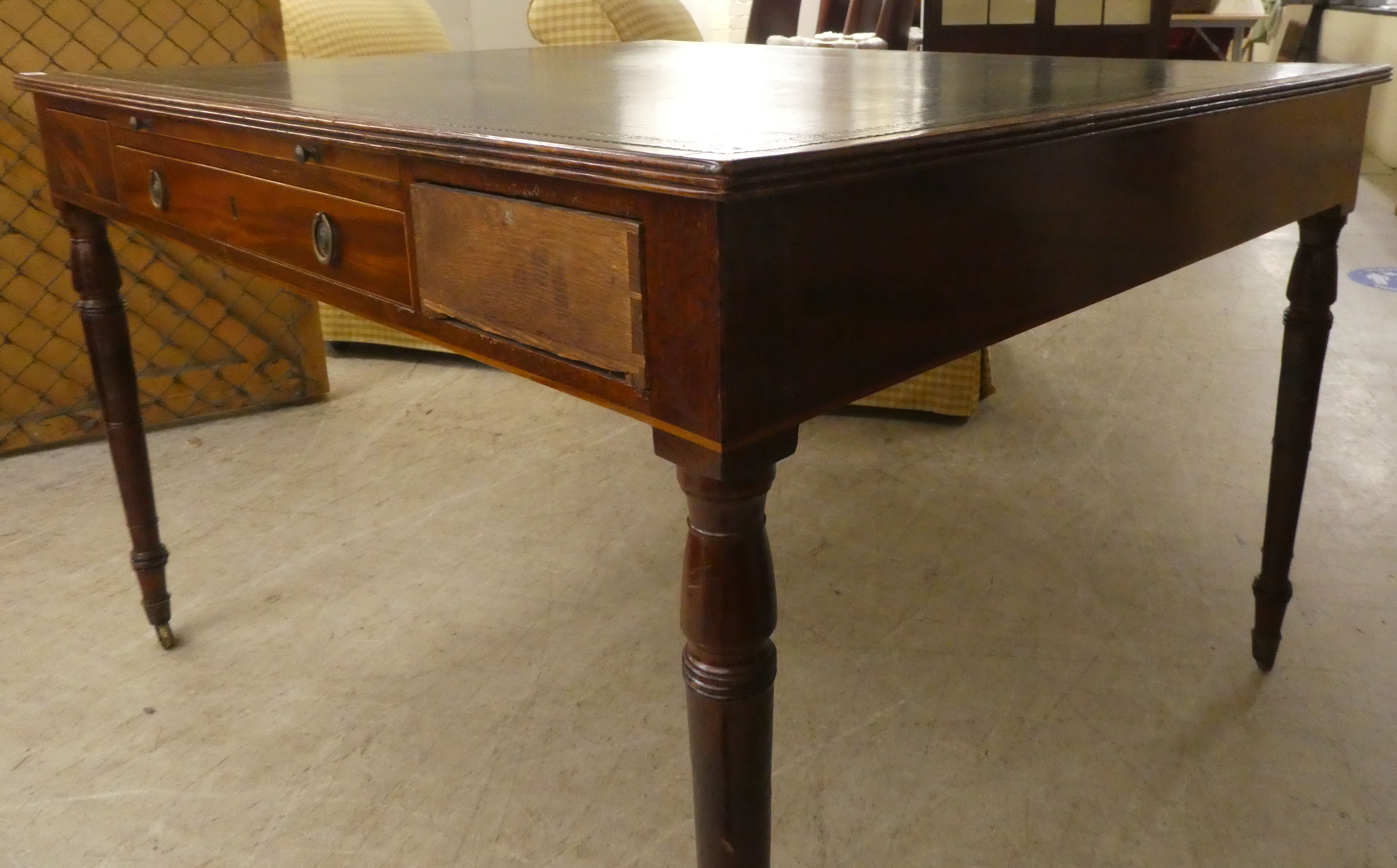 A late Victorian mahogany library table with a tooled and gilded hide scriber, over an arrangement - Image 4 of 9