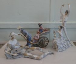 Three Lladro porcelain figures, viz. two dancer  19"h; a reclining minstrel  9"h; and a lady in a