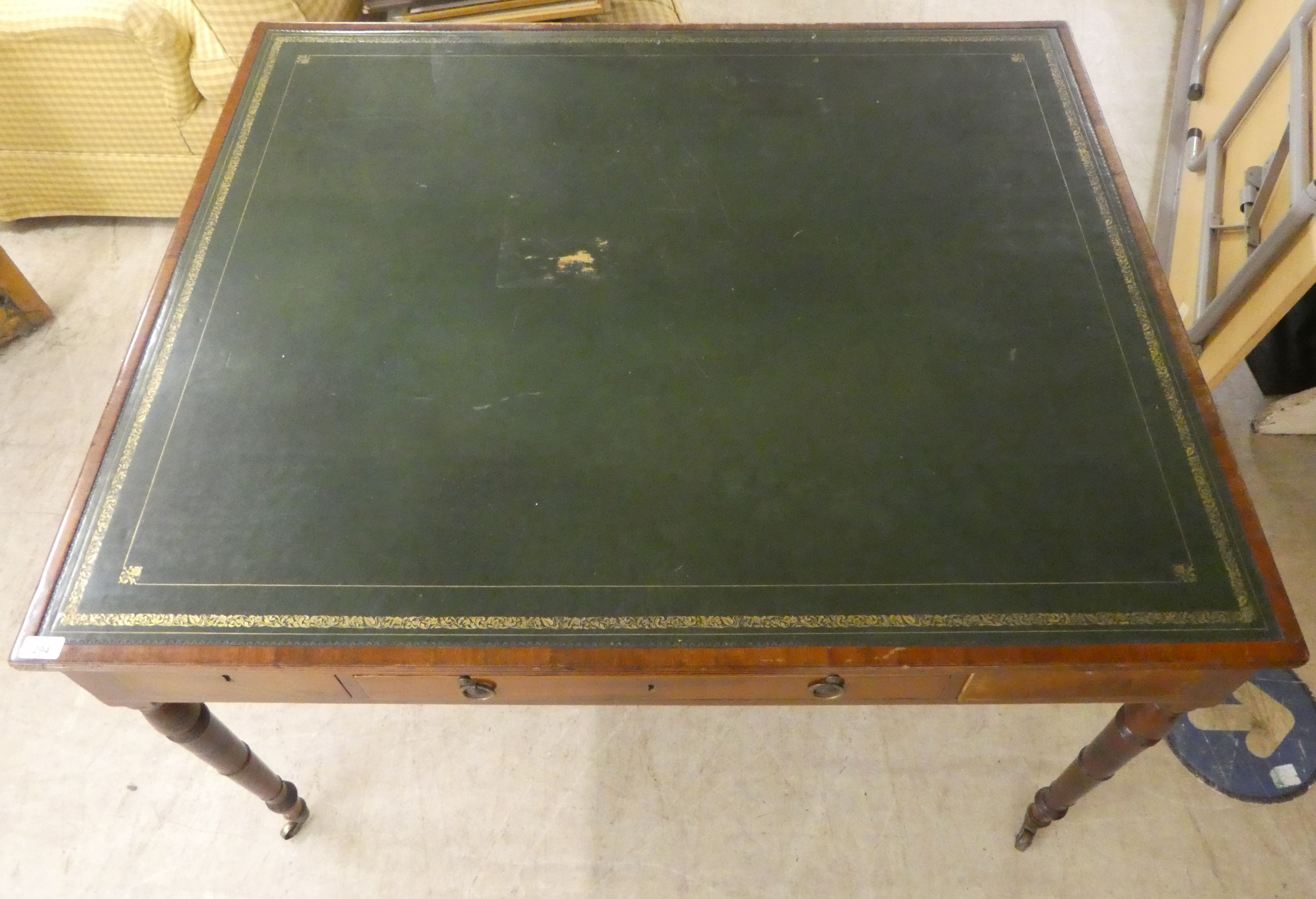 A late Victorian mahogany library table with a tooled and gilded hide scriber, over an arrangement - Image 3 of 9