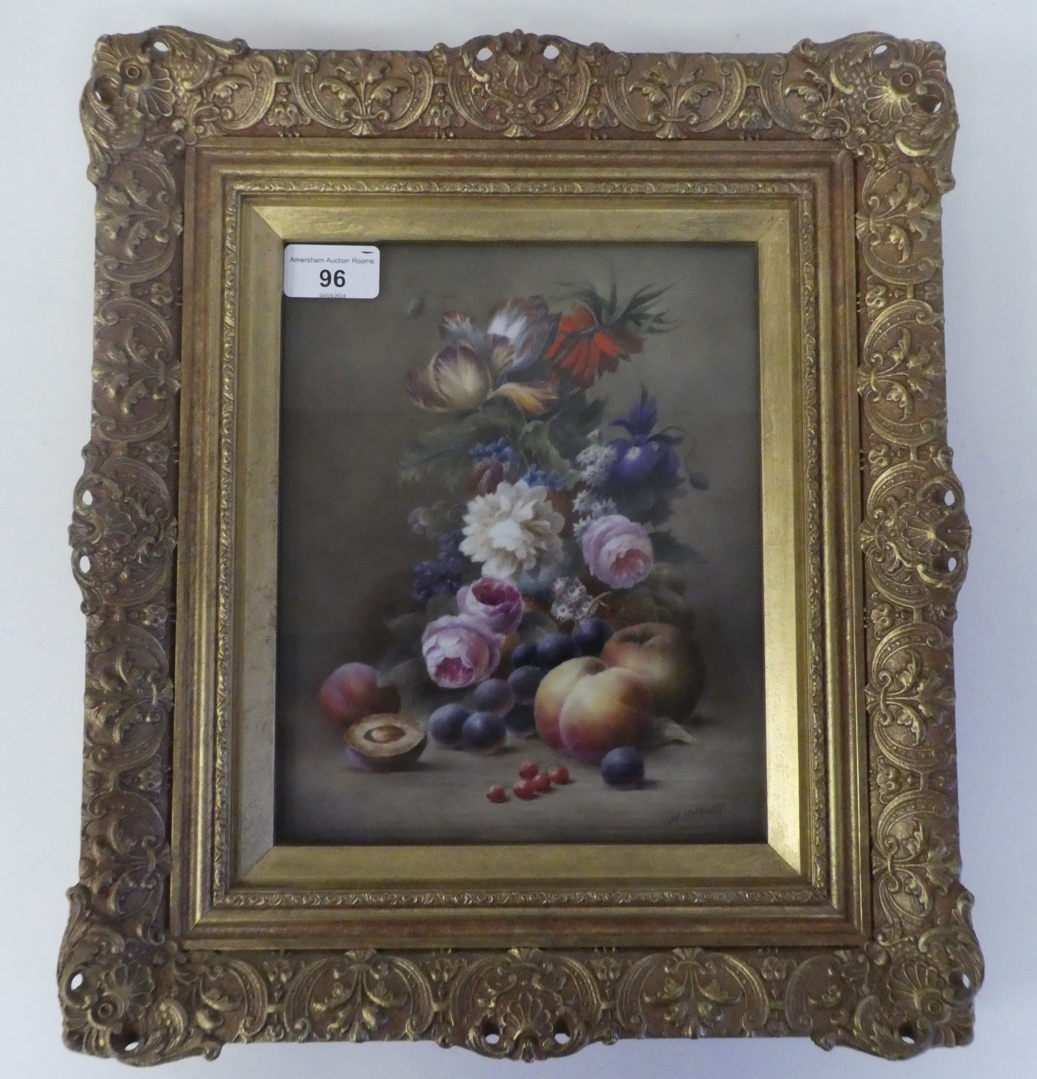 Milwyn Holloway - a still life study, soft fruit and mixed flora  oil on ceramic panel  bears a