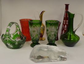 Glassware, mainly clear and green tinted vases and tableware  largest  14"h