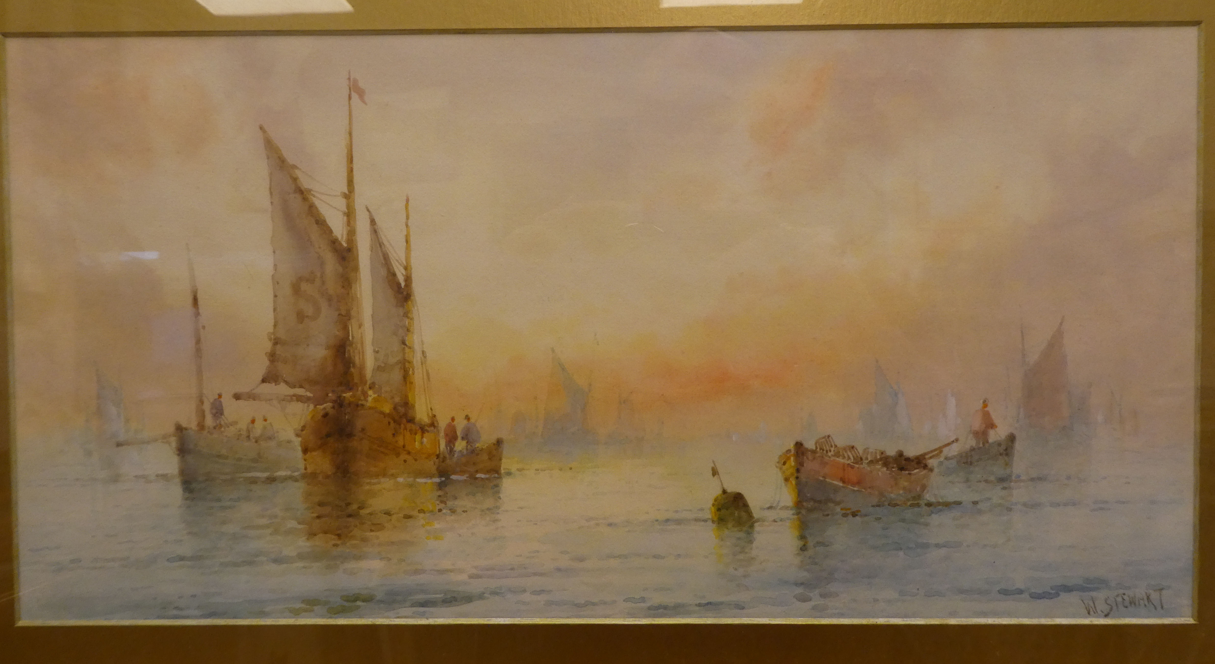 W Stewart - a seascape at dawn  watercolour  bears a signature  9" x 18"  framed - Image 2 of 4