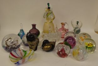 Glass paperweights and other ornaments with examples by Selkirk and Caithness  various sizes and