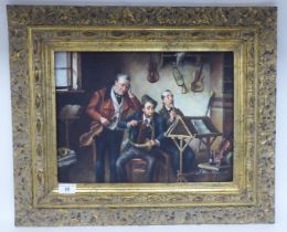 J Hamilton - three musicians, rehearsing  oil on board  bears a signature  11" x 15"  framed