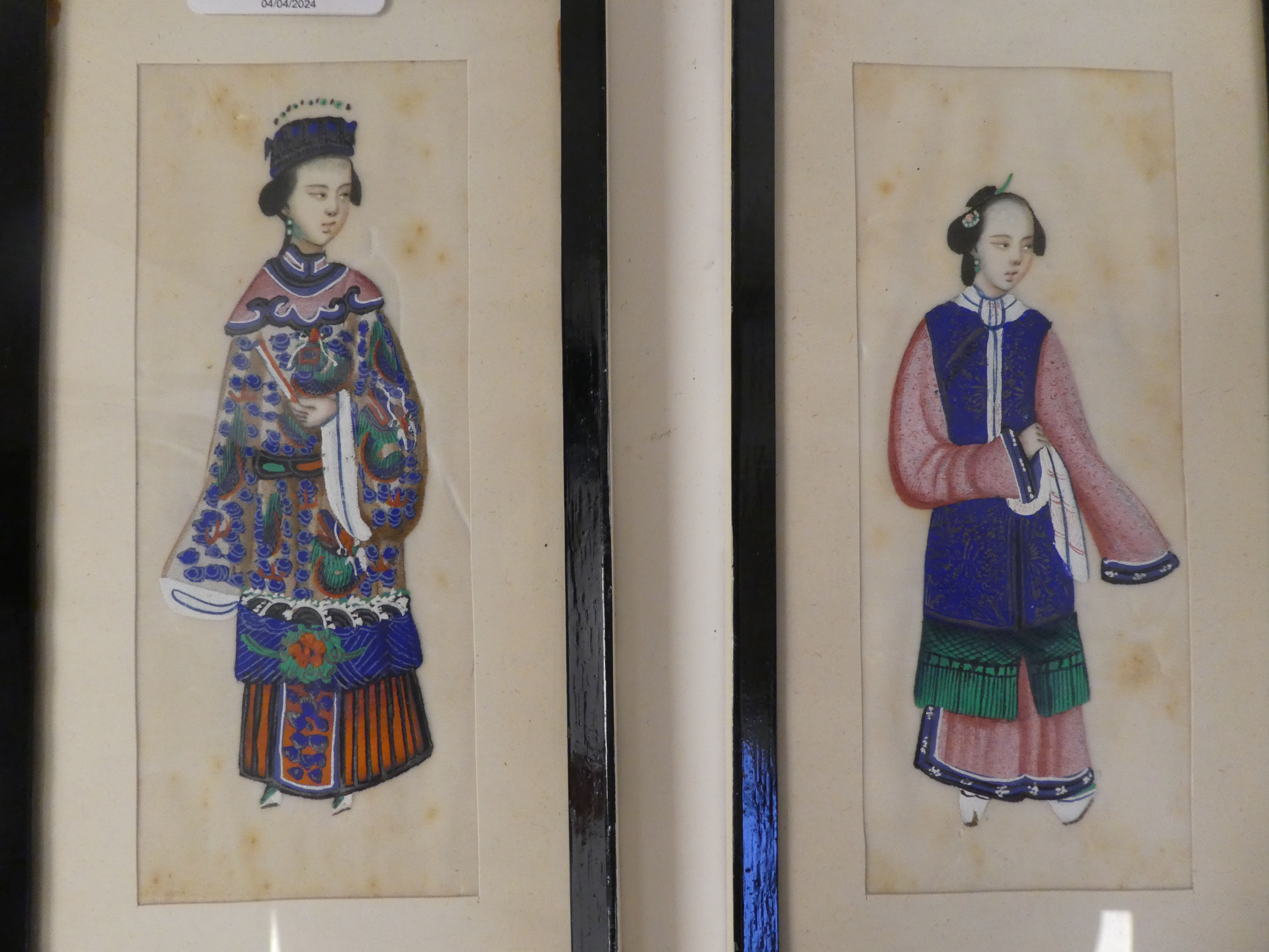 A set of six early 20thC Chinese figure studies  mixed media on ricepaper  2.5" x 6"  framed - Image 2 of 4