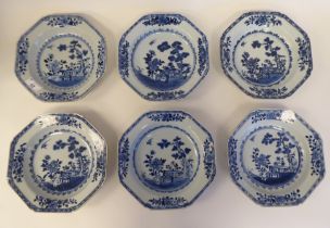 A set of six 18thC Chinese porcelain dishes of hexagonal outline, decorated in blue and white with