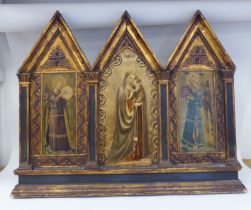 A 20thC 'La Madonnadella Stella' copy of a printed and painted triptych  mixed media  22" x 37"