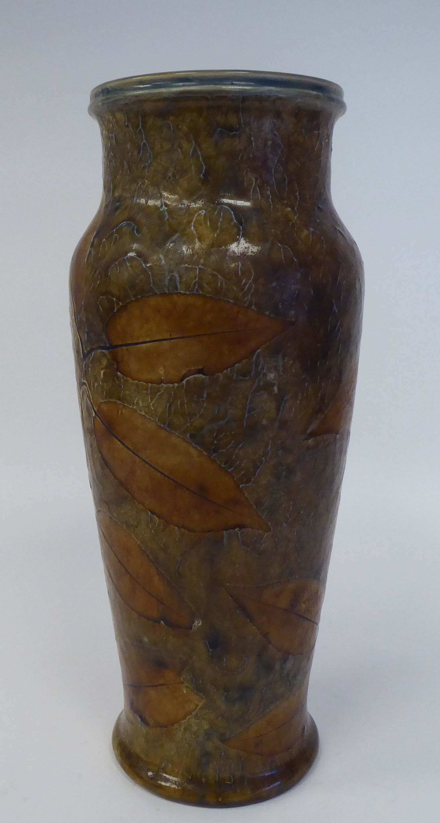 An early 20thC Royal Doulton stoneware vase of slender, waisted baluster form with an upstand rim, - Image 2 of 4