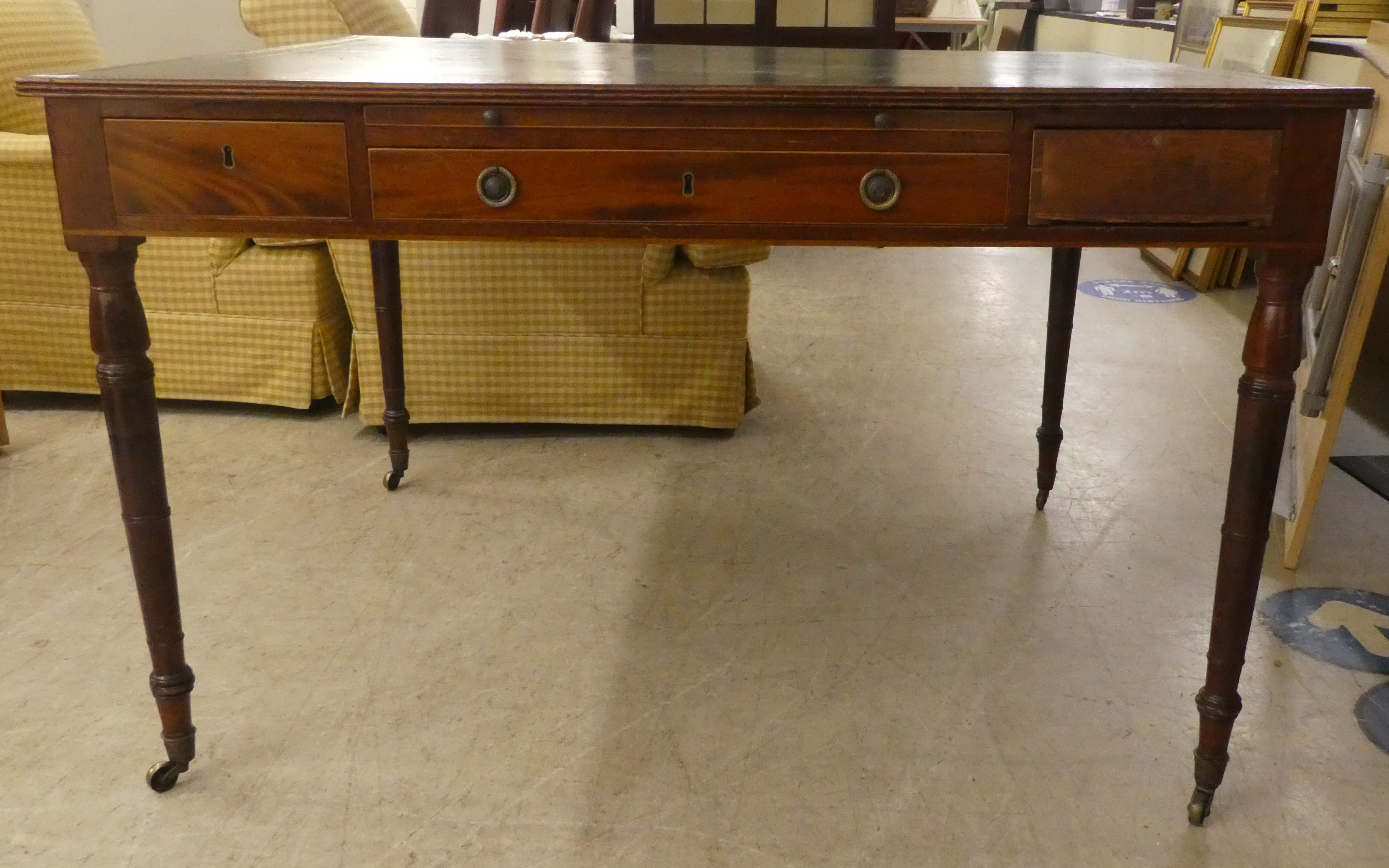 A late Victorian mahogany library table with a tooled and gilded hide scriber, over an arrangement - Image 2 of 9