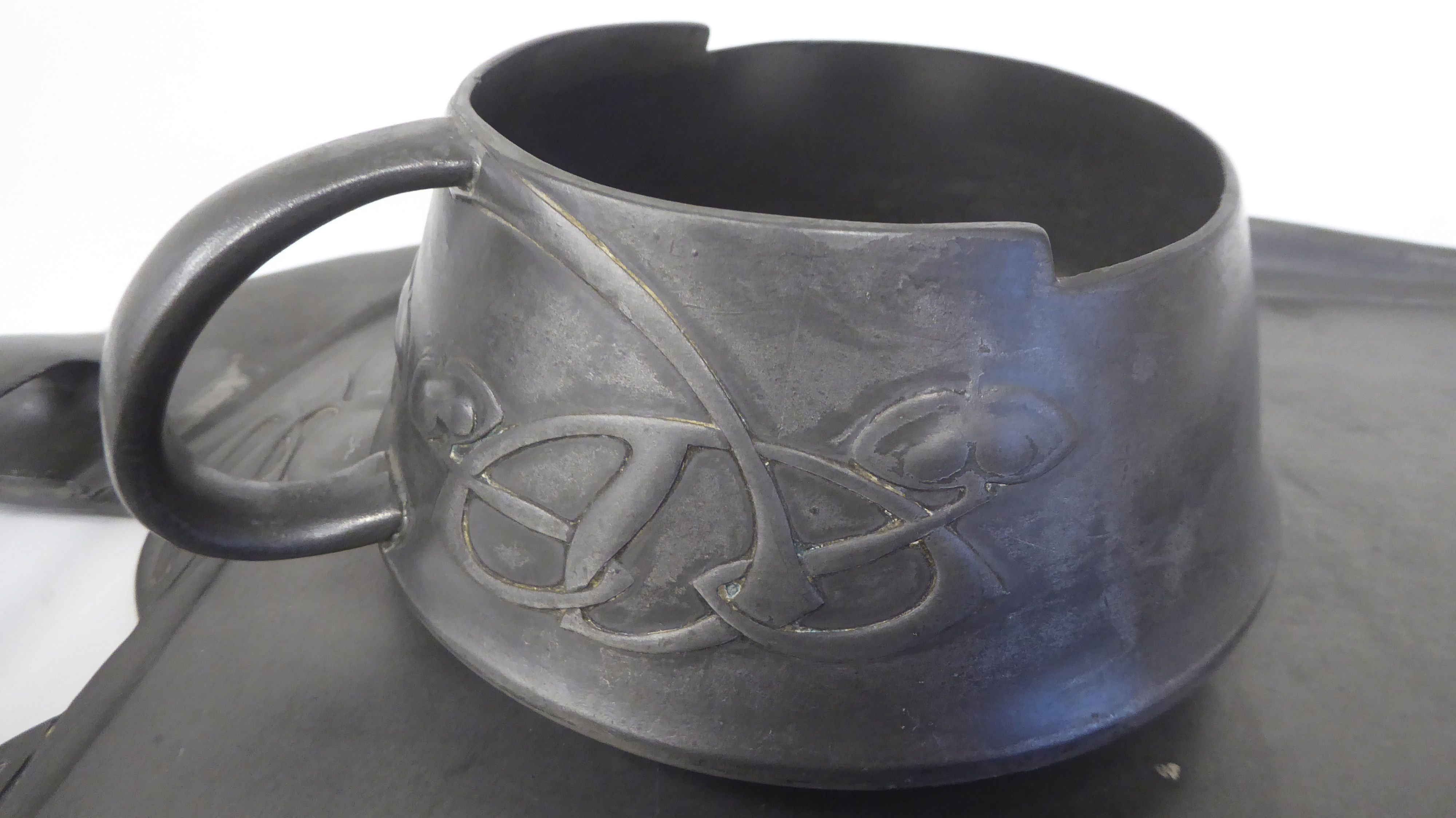 A Liberty & Co Tudric pewter three piece tea set of squat, bulbous form, designed by - Image 6 of 8