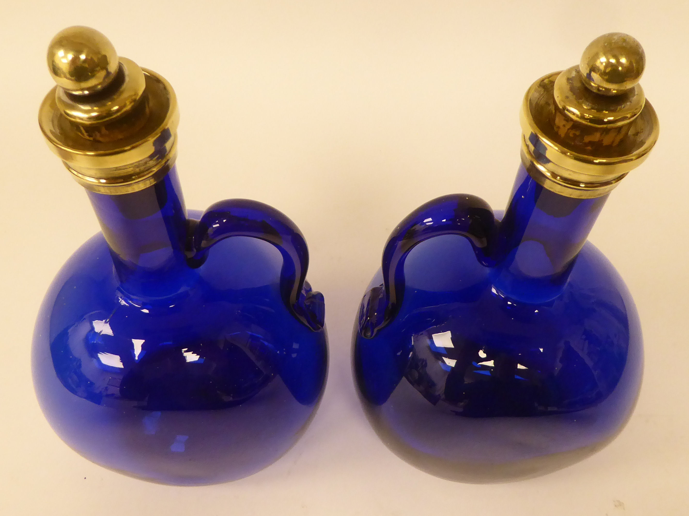 A pair of antique Bristol blue glass decanters of  bulbous form with narrow necks, strap handles, - Image 3 of 5