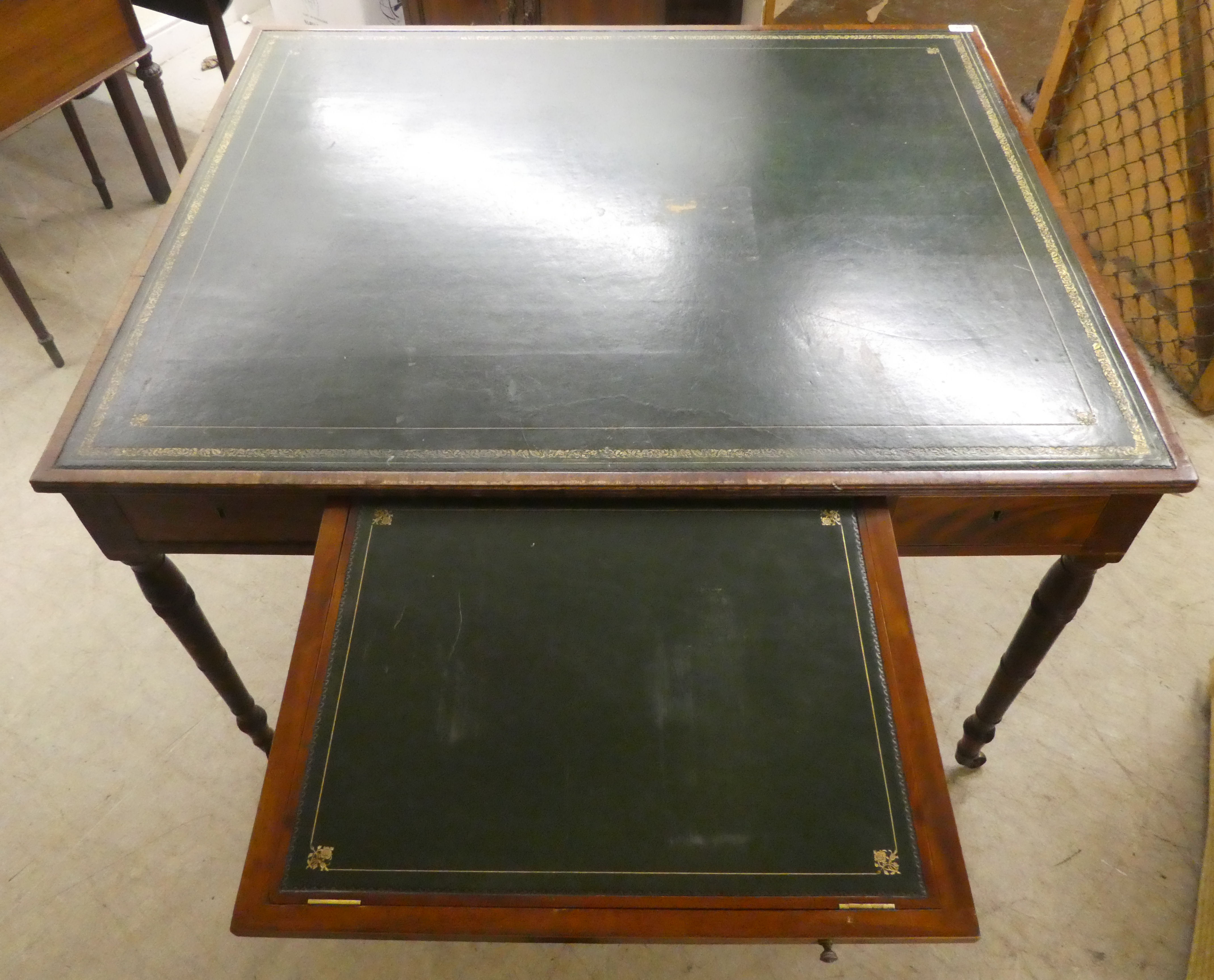 A late Victorian mahogany library table with a tooled and gilded hide scriber, over an arrangement - Image 6 of 9