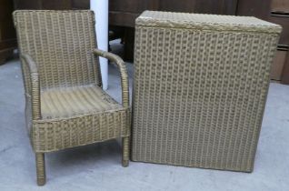 A Lloyd Loom gold coloured laundry basket  21"h  18"w; and a matching child's chair