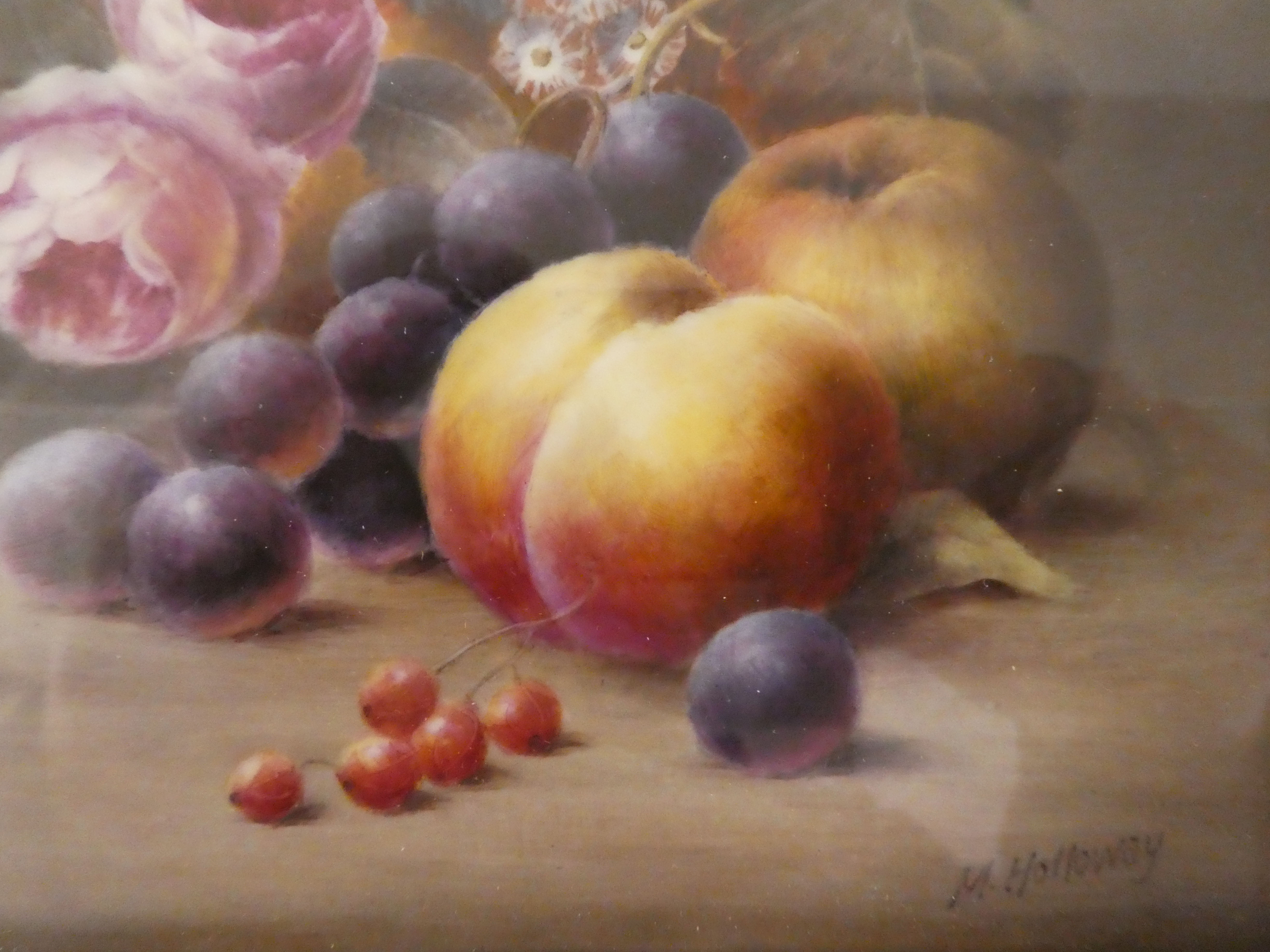 Milwyn Holloway - a still life study, soft fruit and mixed flora  oil on ceramic panel  bears a - Image 3 of 5