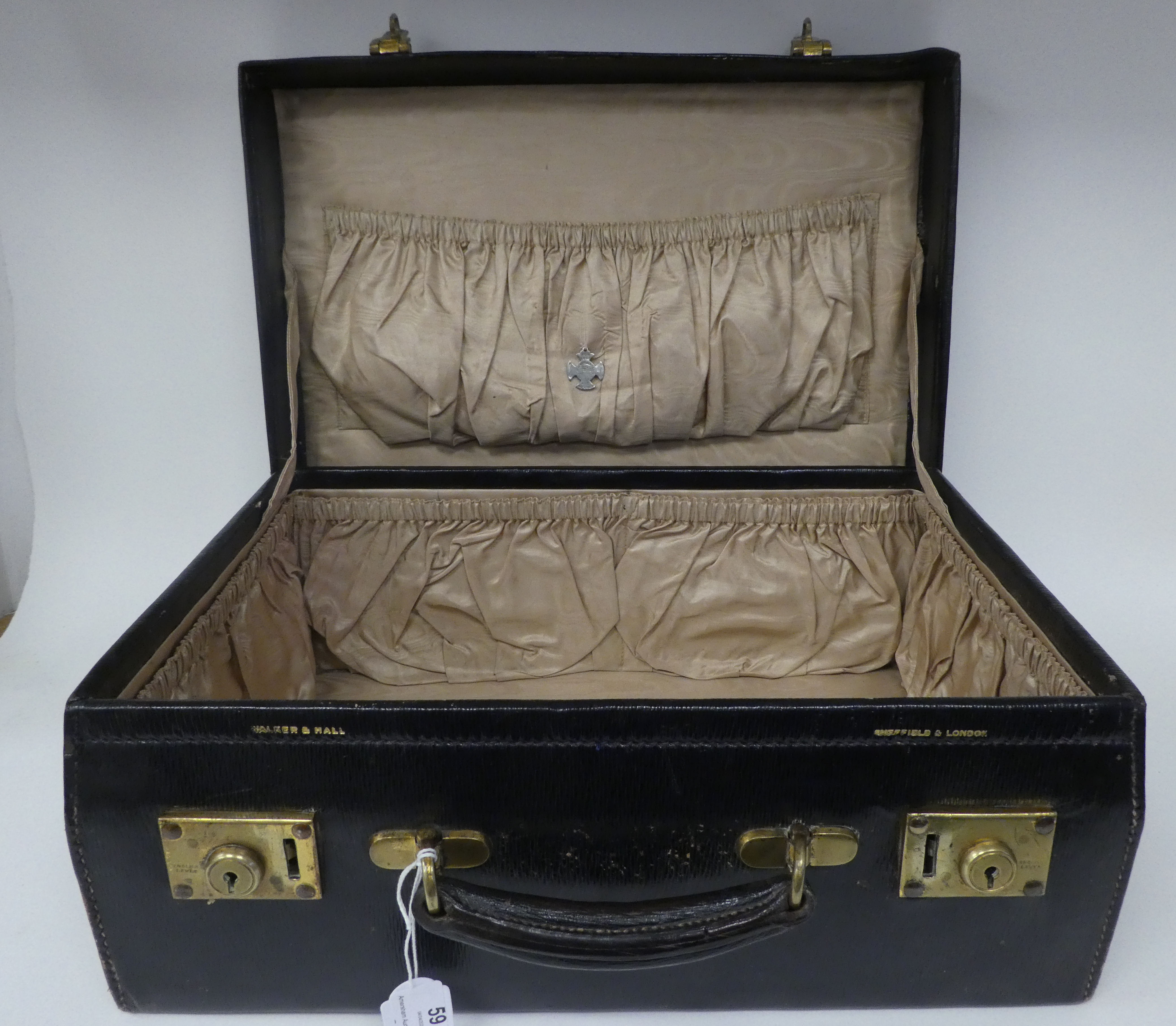 A Walker & Hall stitched dark blue hide vanity case with gold plated locks, the hinged lid enclosing - Image 18 of 25