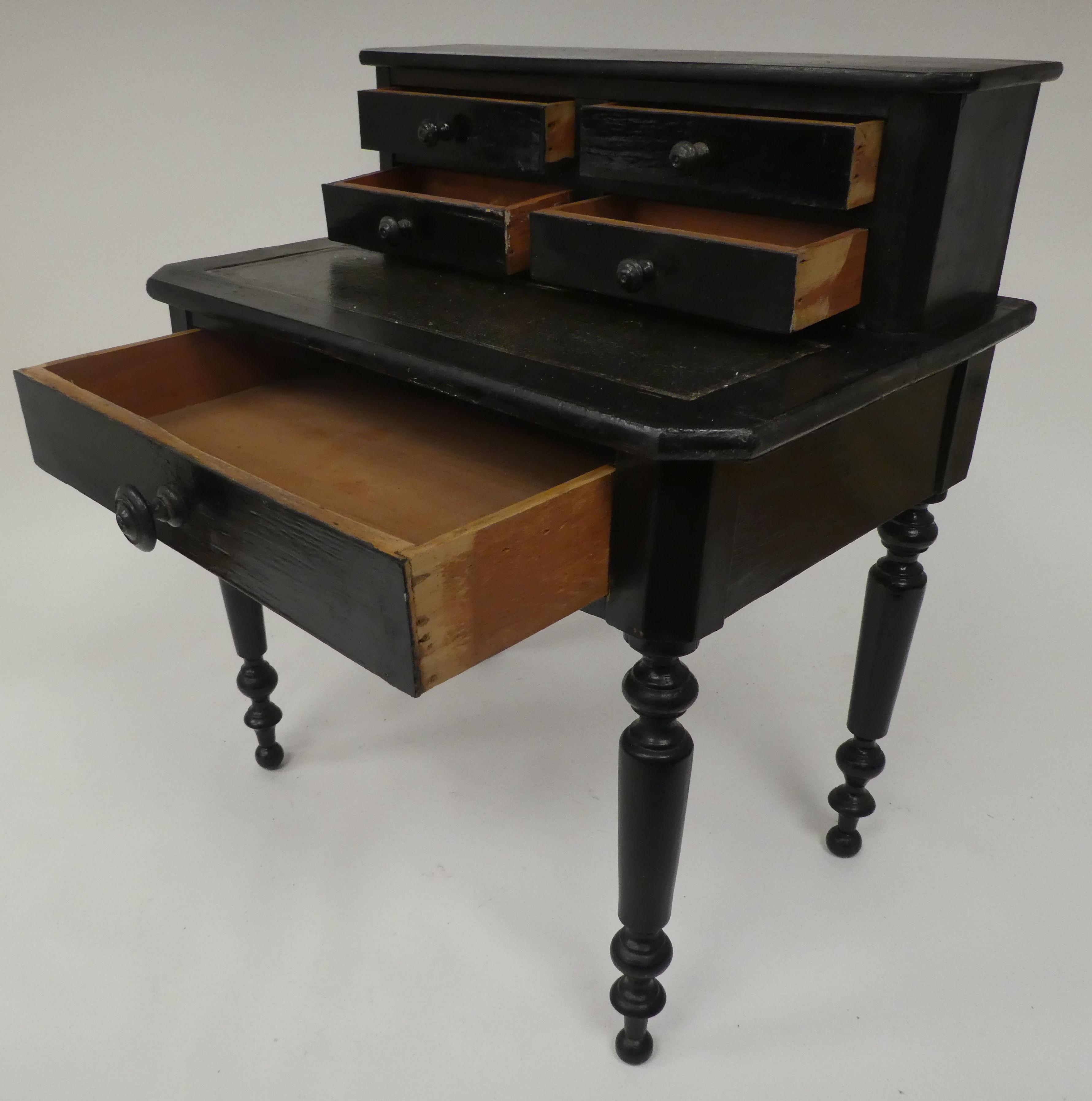 A late 19thC ebonised pine apprentice piece, bonheur du jour with a drawer fitted superstructure, - Image 5 of 7