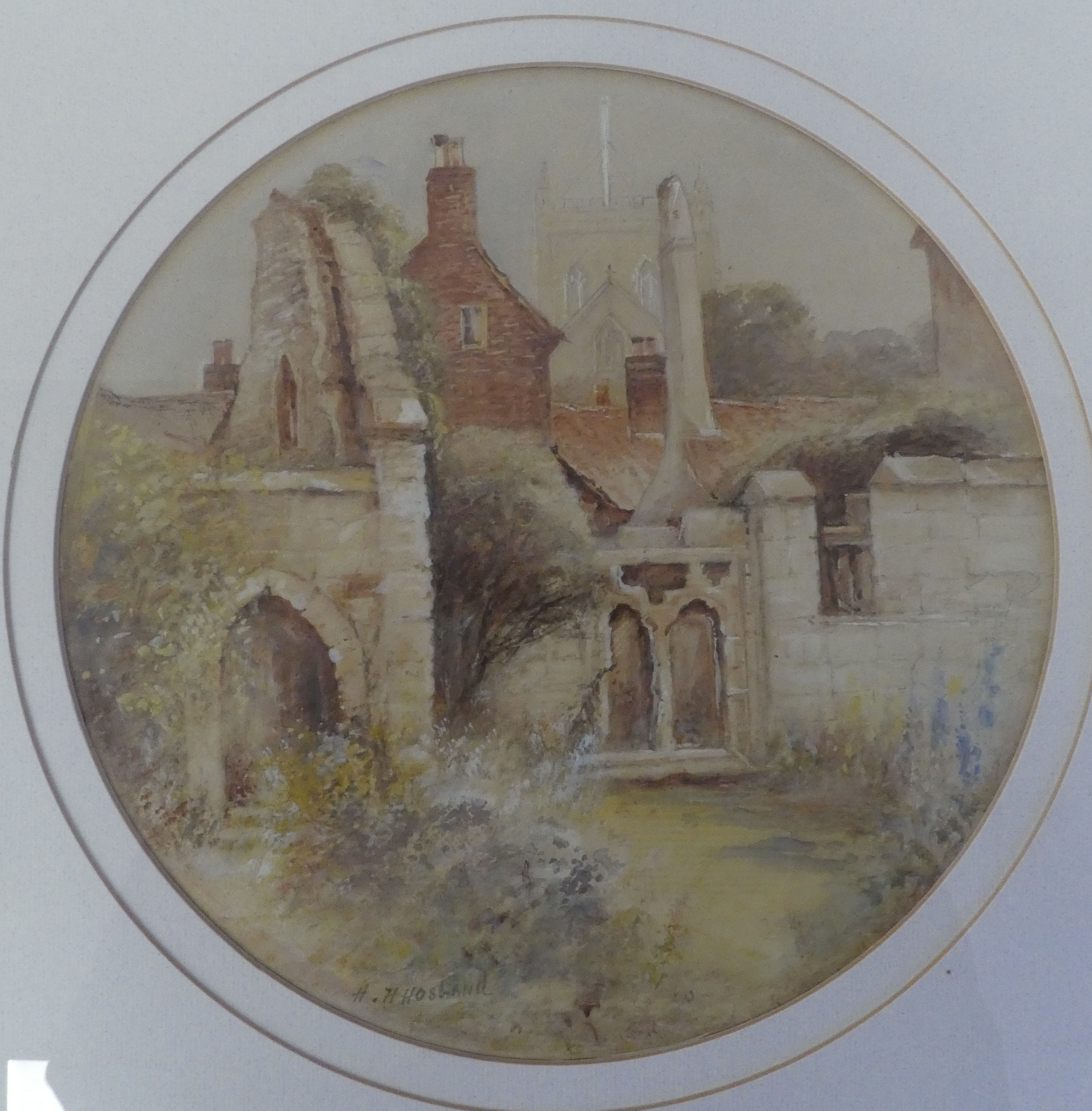 HH Hosband - 'St Anne's Chapel, Ripon'  watercolour  bears a signature & label verso  10"dia  framed - Image 2 of 4