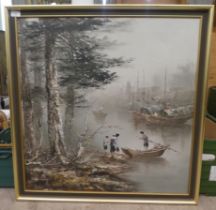 Shin Tong - a Chinese riverscape  oil on canvas  bears a signature  29"sq