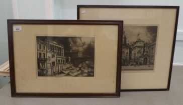 Two 19thC monochrome etchings  prints  7" x 12"  framed