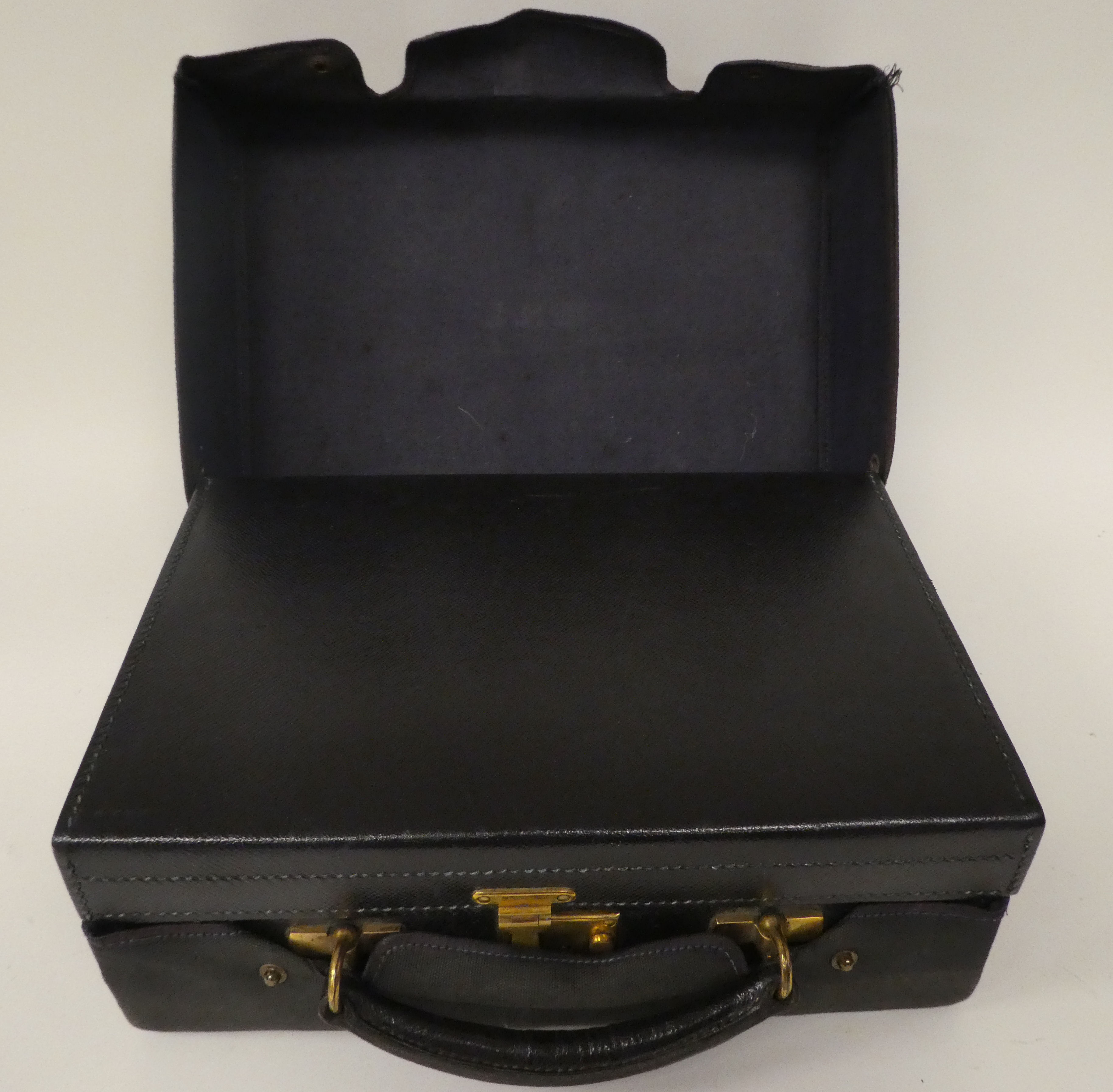 A Walker & Hall stitched dark blue hide vanity case with gold plated locks, the hinged lid enclosing - Image 15 of 25