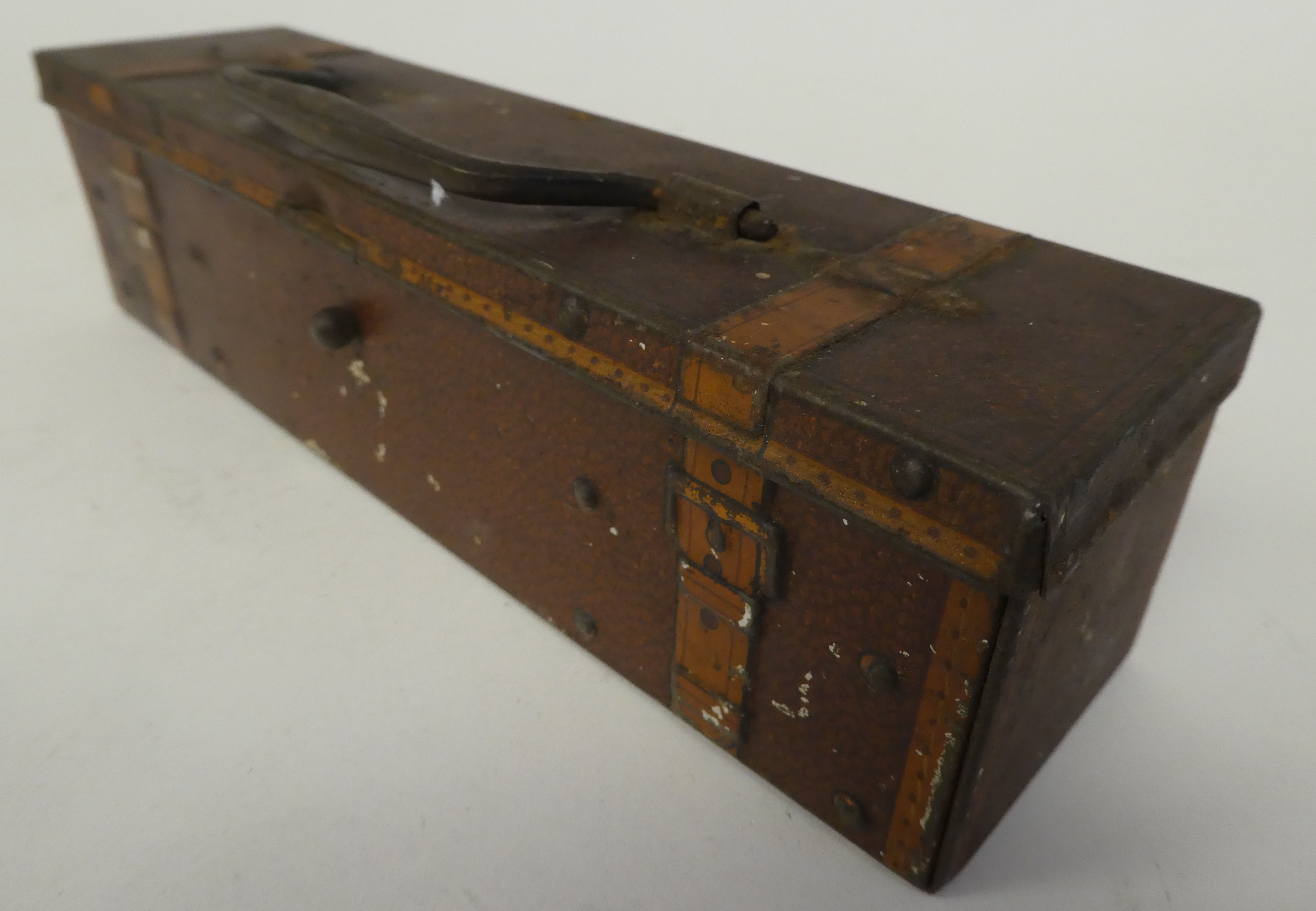 A Vintage Huntley & Palmers printed tinplate biscuit box, fashioned as a trunk with a bail handle