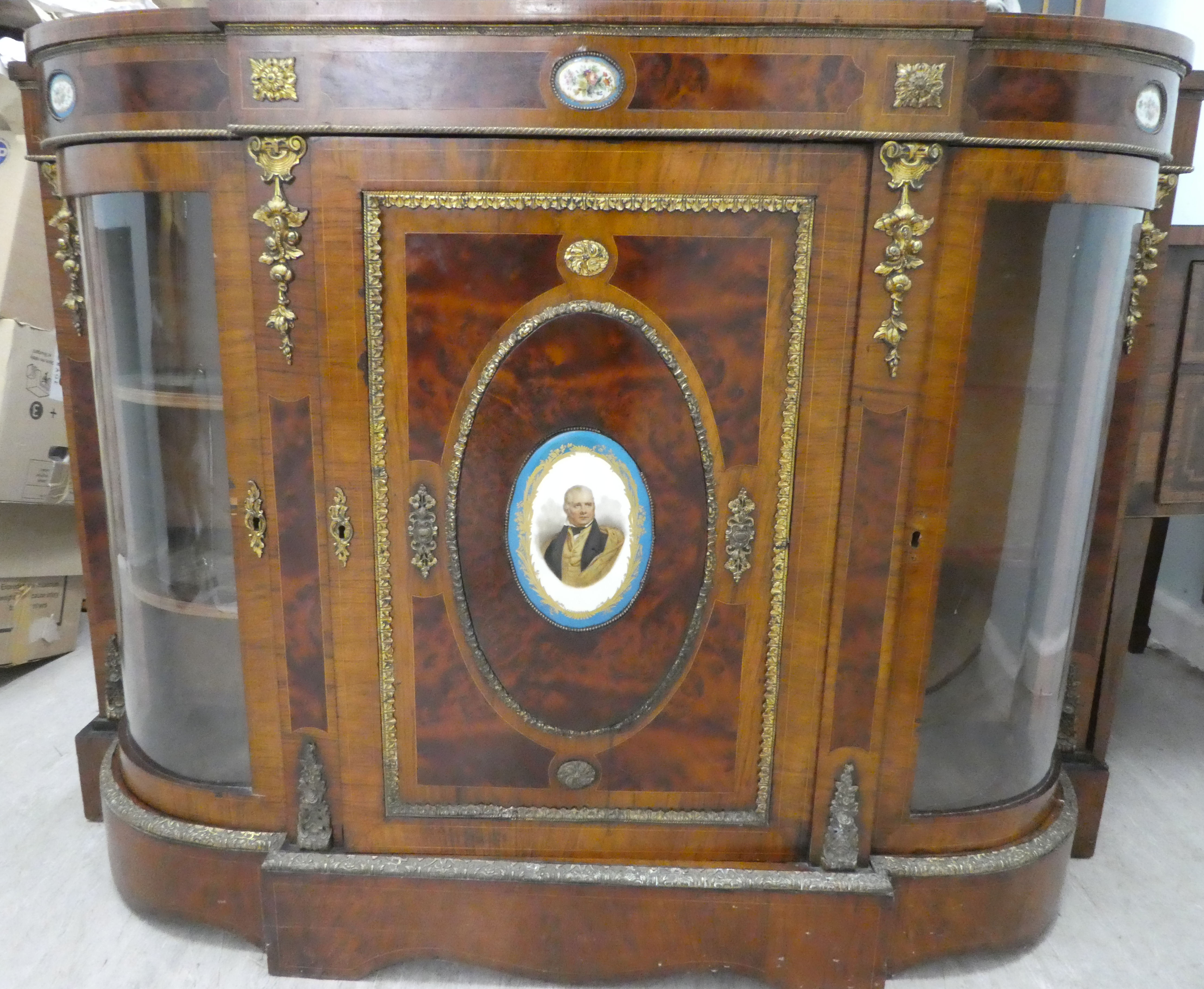 A mid Victorian string inlaid burr walnut and quarter veneered credenza, the bow and breakfront - Image 3 of 5