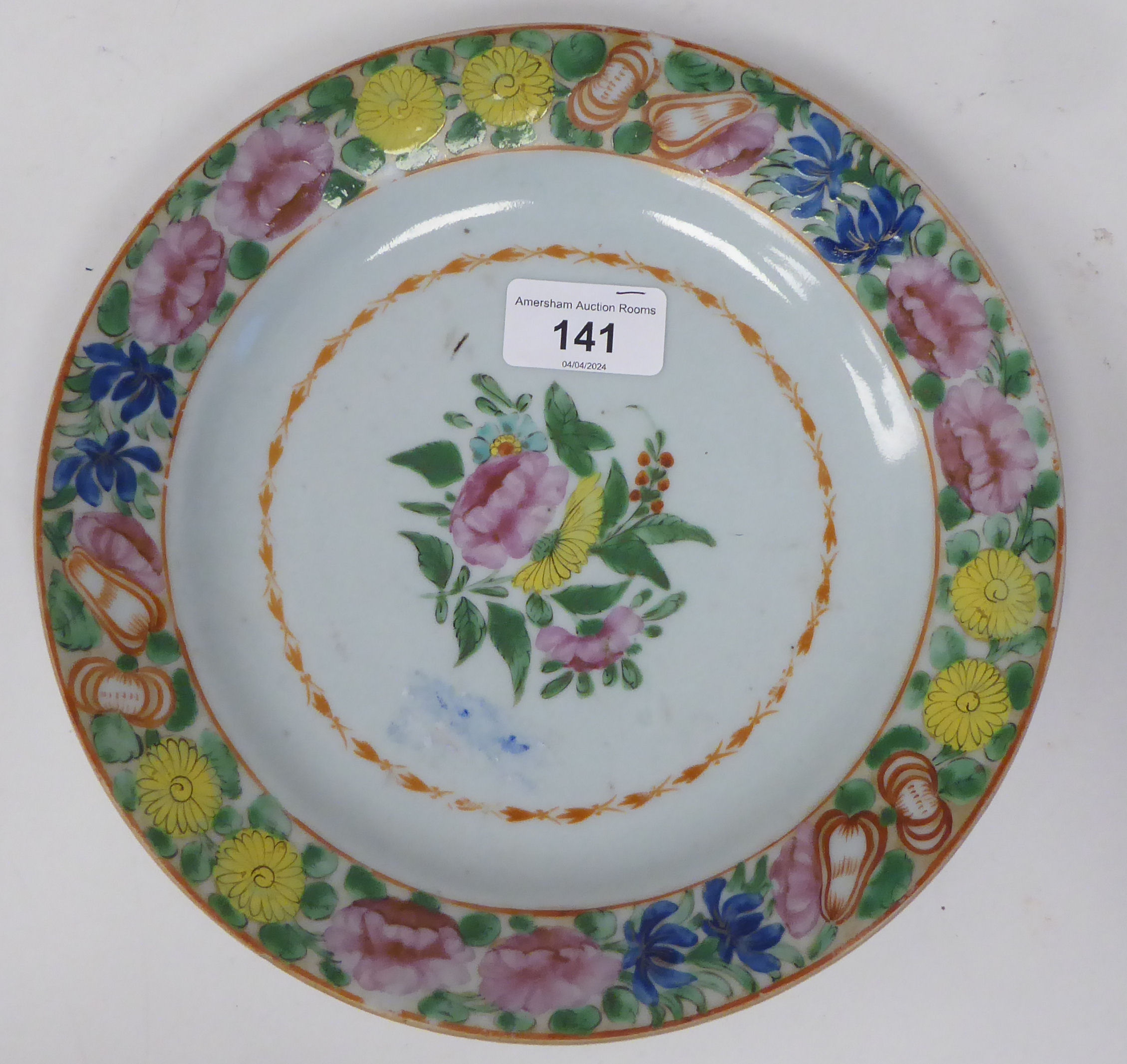 A late 18thC Chinese porcelain Sancai, decorated in colours with floral designs  9"dia - Image 2 of 3