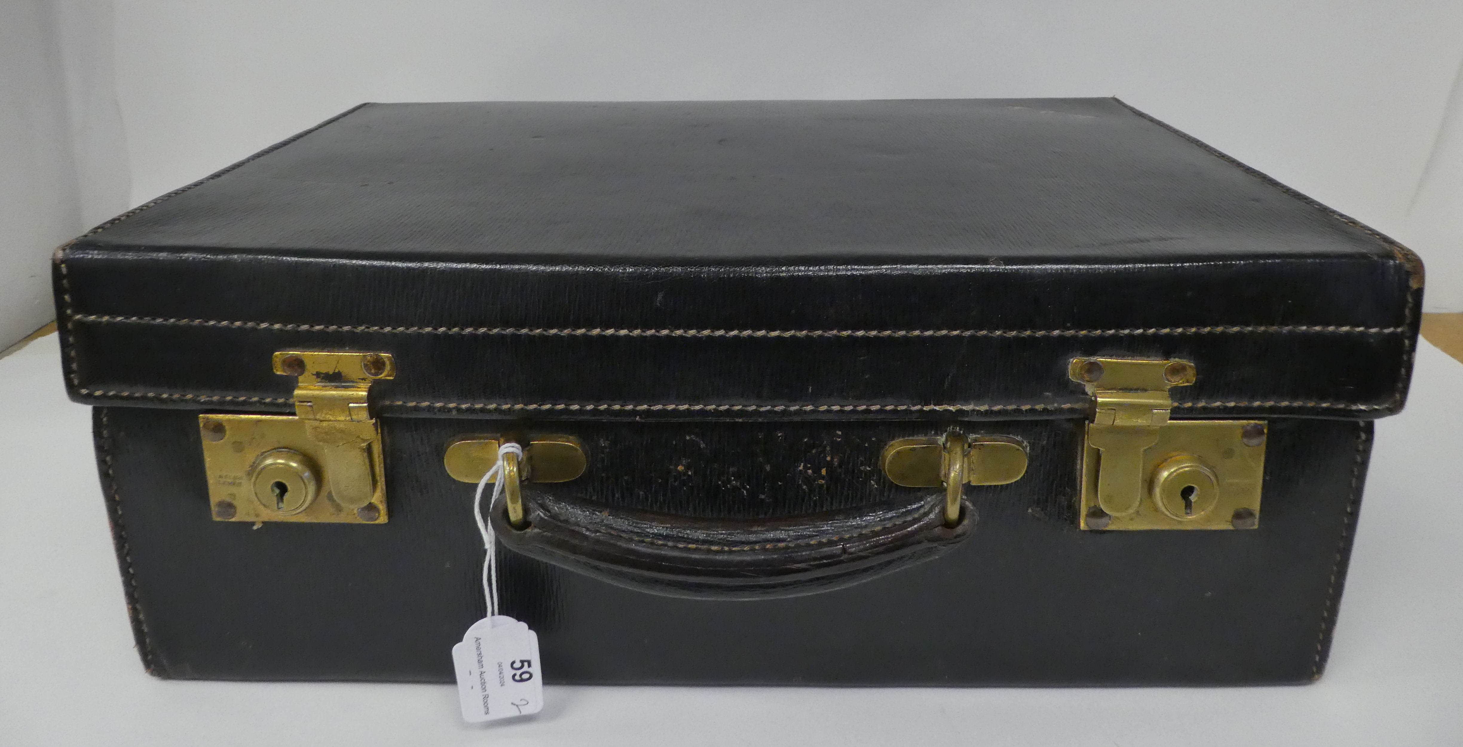 A Walker & Hall stitched dark blue hide vanity case with gold plated locks, the hinged lid enclosing - Image 24 of 25