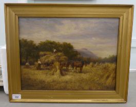 CHH - stacking hay onto a horse and cart  oil on canvas  bears initials & dated 1909  12" x 16"