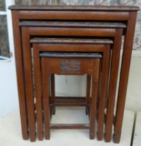 A quartetto of mid 20thC oak occasional tables with seascape and other carved ornament, raised on