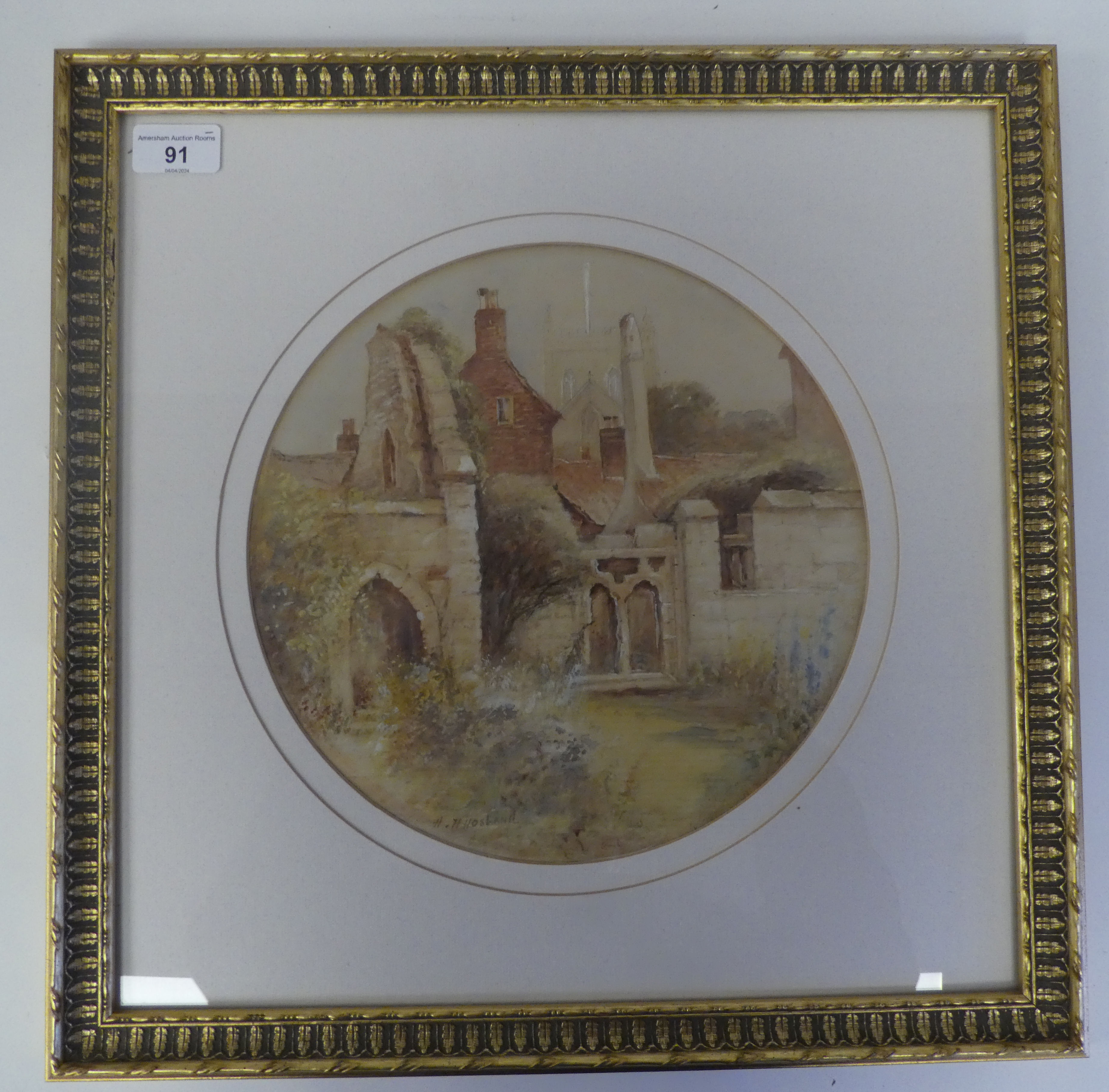 HH Hosband - 'St Anne's Chapel, Ripon'  watercolour  bears a signature & label verso  10"dia  framed