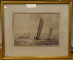 A 20thC seascape with sailing boats and a steam liner  watercolour  bears an indistinct signature