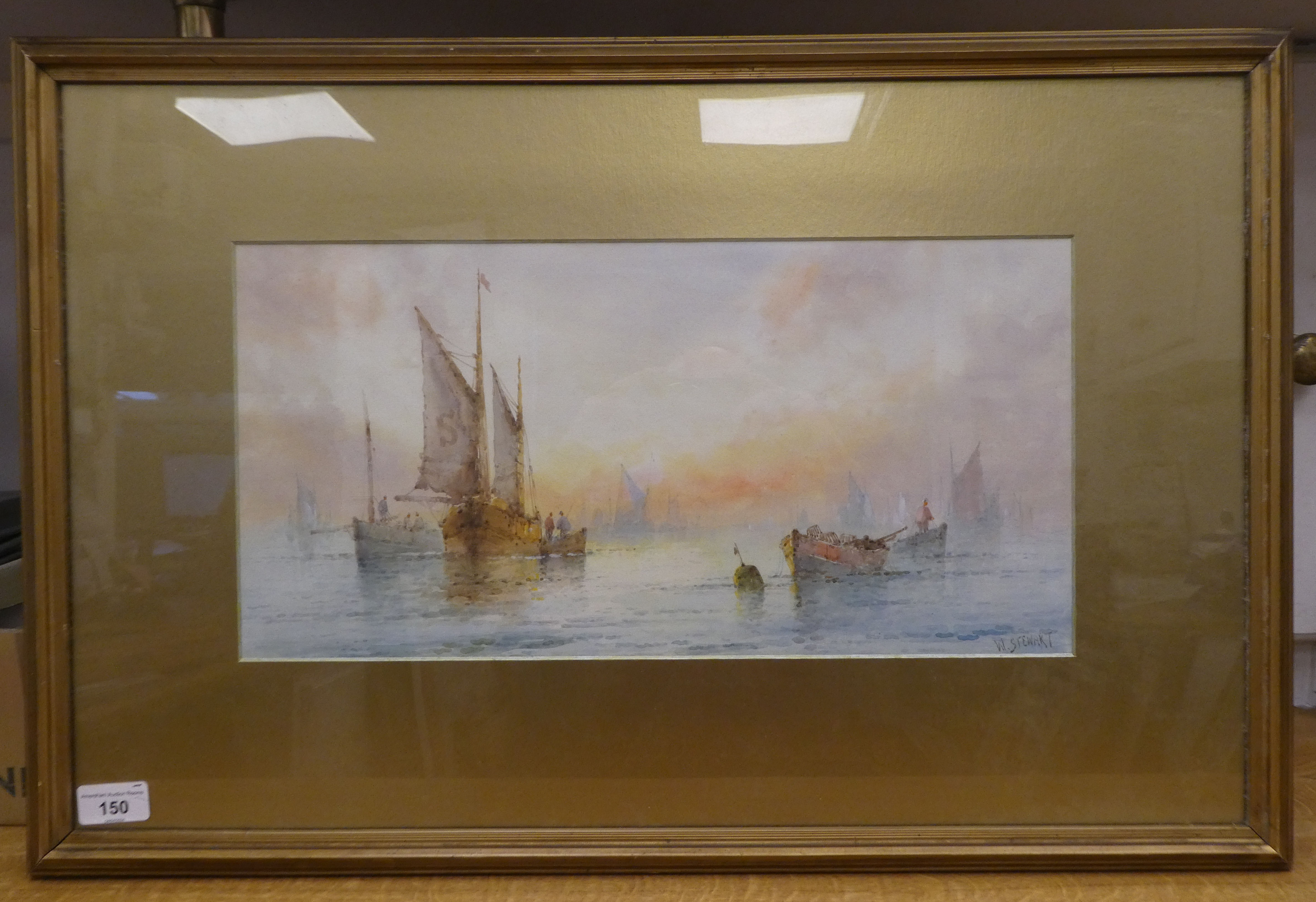 W Stewart - a seascape at dawn  watercolour  bears a signature  9" x 18"  framed