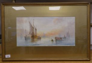 W Stewart - a seascape at dawn  watercolour  bears a signature  9" x 18"  framed