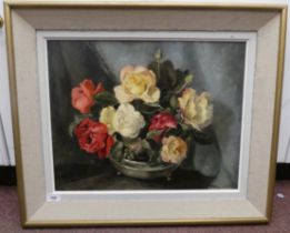 Joan Woods - a still life study, mixed flowers in a vase  oil on board  bears a signature  15" x 19"