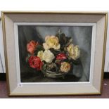 Joan Woods - a still life study, mixed flowers in a vase  oil on board  bears a signature  15" x 19"