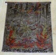 A Vivienne Westwood 'Stop Climate Change' lined fabric banner, printed in sombre colours with